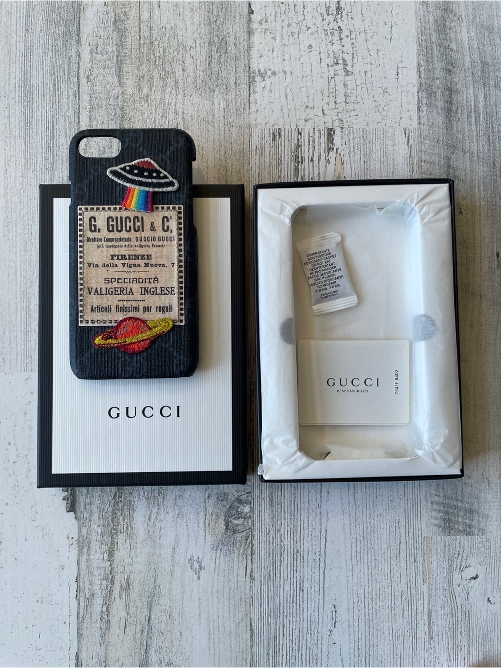 Gucci Black Embroidered UFO & Planet Patch GG IPhone 7/8/SE Case NEW
